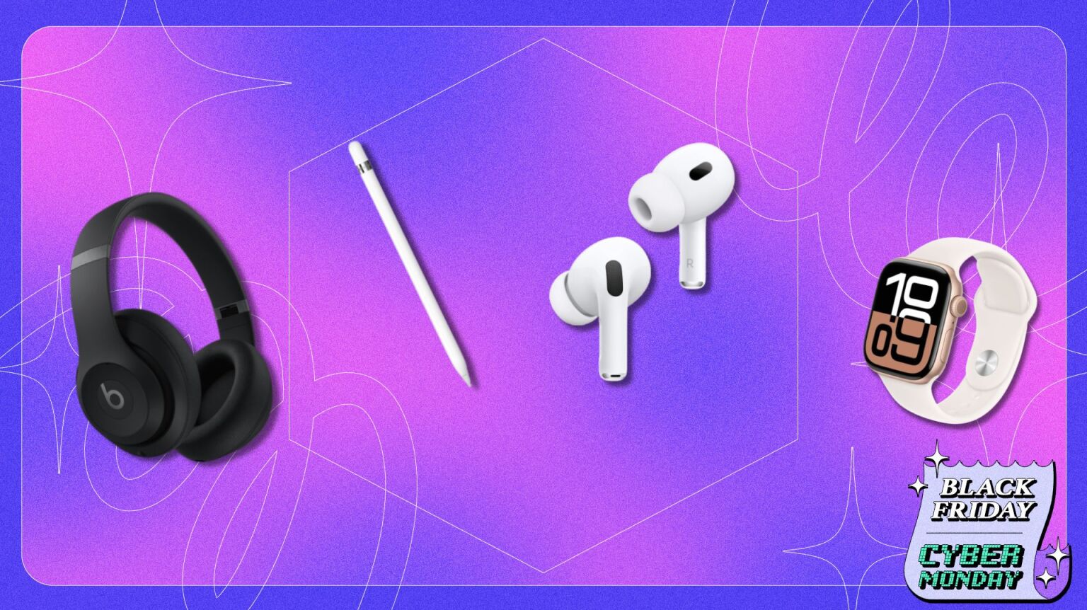 beats studio pro, apple pencil 1, airpods pro earbuds, and apple watch series 10 on pink and blue gradient background