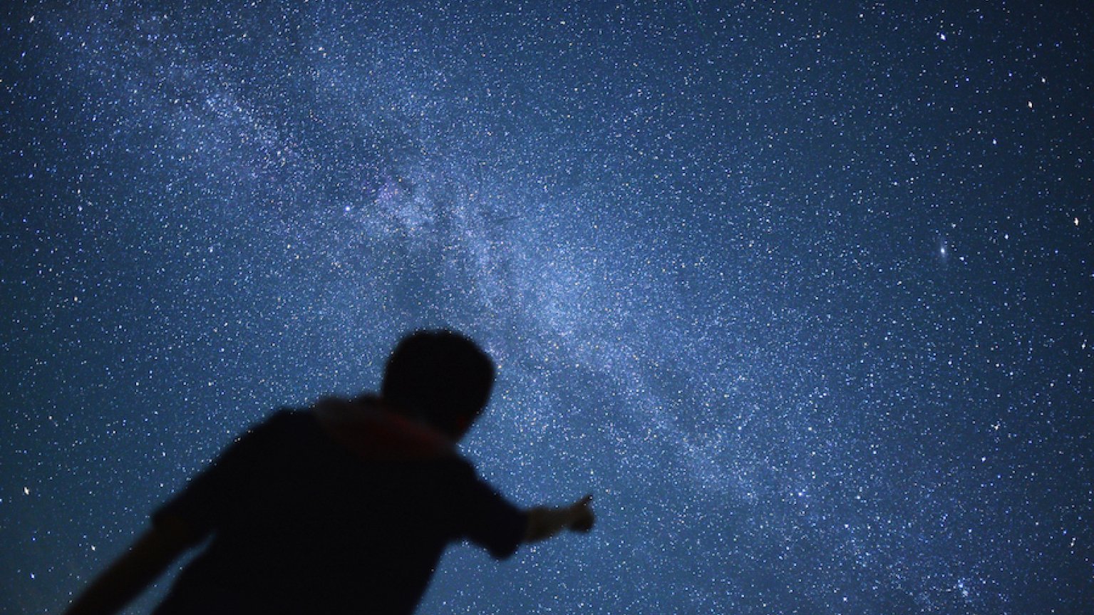 the silhouette of a person gazing at the starry night sky