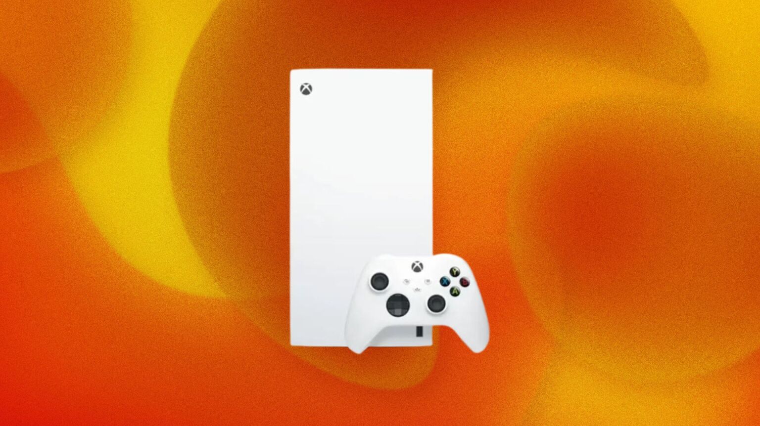 A white Xbox Series X appears on an orange swirly background with one controller.