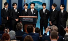 Members of the South Korean pop group BTS or Bantam Boys, (L to R) V (Kim Taehyung), JK (Jeon Jungkook), Jimin (Park Ji-min), RM Rap Monster (Kim Namjoon), Jin (Kim Seok-jin), J-Hope (Jung Ho-seok) and Suga (Min Yoongi) speak at the daily press briefing at the White House, on Tuesday, May 31, 2022 in Washington, DC.