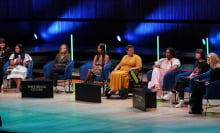 left to right) Ati Viviam Villafana, Greta Thunberg, Mya-Rose Craig and Daphne Frias, Dominique Palmer, Tori Tsui and Alice Aedy in discussion on stage at The Climate Conversation at the Royal Festival Hall, London, where climate activists are meeting to take stock and examine what progress has been made since COP26, ahead of COP28 later this year. Picture date: Sunday July 30, 2023.