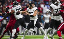 Trevor Lawrence of the Jacksonville Jaguars throws the ball