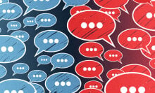 Speech bubbles colored red and blue float next to each other. 