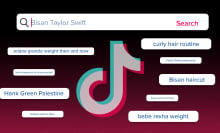 The TikTok logo surrounded by various search bar queries like "Bisan Taylor Swift" and "Curly Hair Routine". 