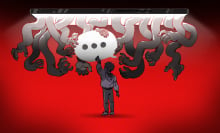 Illustration of a teen reaching up to a speech bubble surrounded by menacing hands.