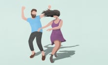 Illustration of a carefree couple dancing on blue background