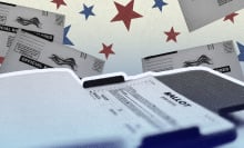 Photos of ballots and a ballot counting machine surrounded by red and blue stars. 