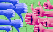 Woman's hand showing 5 red thumbs up and 5 blue thumbs down on illustrated green background