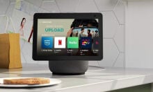 amazon echo show 10 on kitchen counter with plate of toast in foreground