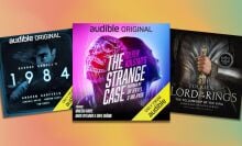 three audible covers for 1984, The Strange Case, and The Lord of the Rings layered on a orange background