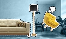 A living room with sticker-like visuals of furniture added to design the room.