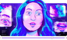 Illustration of a video still of a woman in a talking head format with various aspects of her appearance zoomed in on 