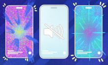 illustration of three smartphones in a row, the right and left smartphones show visual representations of sounds and the one in the middle shows the mute button icon