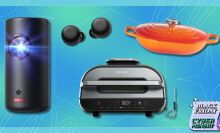 an anker projector, amazon echo buds, ninja grill, and orange Le Creuset cast iron dish on a turquoise black friday background