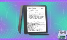 kindle scribe on a blue and purple patterned background