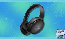 black bose quietcomfort headphones on a blue and green patterned background