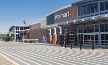 Entrance to large Walmart food supermarket or superstore in Haymarket, Virginia