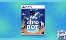 The game Astro Bot appears in its Playstation packaging on a green and blue background with the Mashable Black Friday logo. 