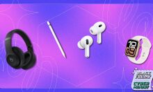 beats studio pro, apple pencil 1, airpods pro earbuds, and apple watch series 10 on pink and blue gradient background