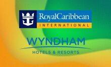 The Wyndham and Royal Caribbean logos appear on a green and yellow wavy abstract background.