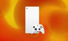 A white Xbox Series X appears on an orange swirly background with one controller.