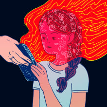 Illustrated version of a girl being handed a phone that's emanating a red cloud.