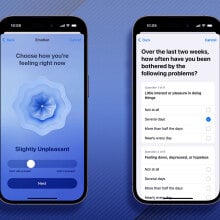 Examples of Apple Health's newest Mental Wellbeing features, viewed as screenshots on an iPhone.