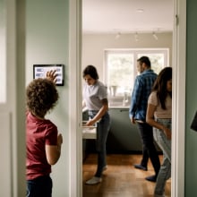 a family inside of their home uses smart home devices