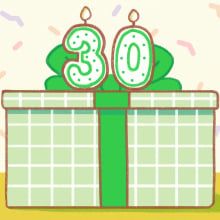 illustration of a gift-shaped birthday cake with a candle in the shape of the number 30