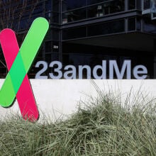 A sign is posted in front of the 23andMe headquarters on February 01, 2024 in Sunnyvale, California