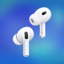 Two white Apple AirPods Pro 2 appear on a blue and white abstract image.