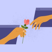 Partner gives flower for darling from virtual window frame