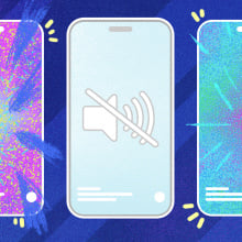 illustration of three smartphones in a row, the right and left smartphones show visual representations of sounds and the one in the middle shows the mute button icon