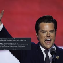 matt gaetz waving with a screenshot of a joke on bluesky