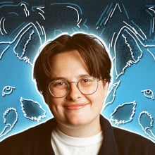 A composite image of comedian Kel Cripe with illustrations of wolves and the word "Scram!"