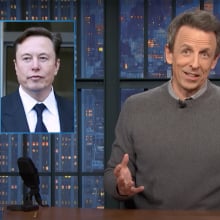 A man sitting behind a talk show desk gestures. In the top-left is an image of two other men, side-by-side.