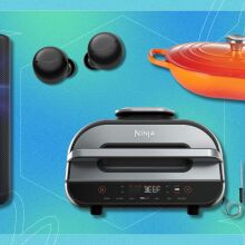 an anker projector, amazon echo buds, ninja grill, and orange Le Creuset cast iron dish on a turquoise black friday background