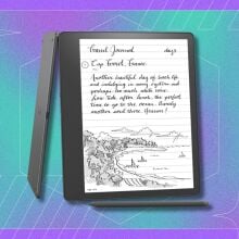 kindle scribe on a blue and purple patterned background