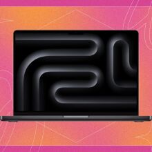 m4 macbook pro on colored background with badge that reads 'black friday cyber monday'