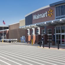 Entrance to large Walmart food supermarket or superstore in Haymarket, Virginia