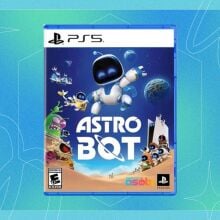 The game Astro Bot appears in its Playstation packaging on a green and blue background with the Mashable Black Friday logo. 