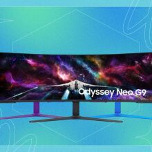 samsung gaming monitors on blue background with badge that reads 'black friday cyber monday'