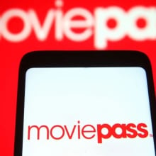 MoviePass logo and phone on red background