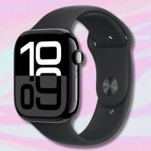 black apple watch series 10 on a light pink and white swirling background