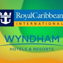 The Wyndham and Royal Caribbean logos appear on a green and yellow wavy abstract background.