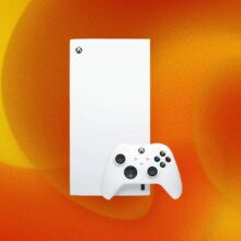 A white Xbox Series X appears on an orange swirly background with one controller.