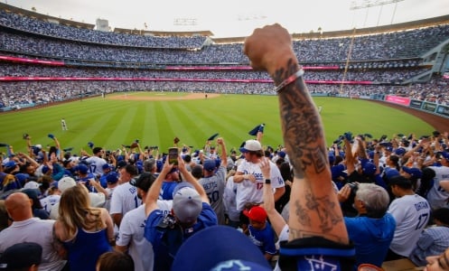 Fans watch Game 2 of the World Series at Los Angeles's Dodger Stadium.