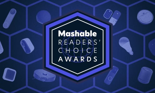 Mashable Readers' Choice Award logo against background of smart home gear