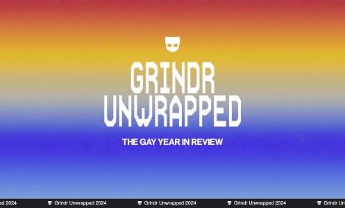 grindr logo and text "grindr unwrapped, the gay year in review" in front of a rainbow background