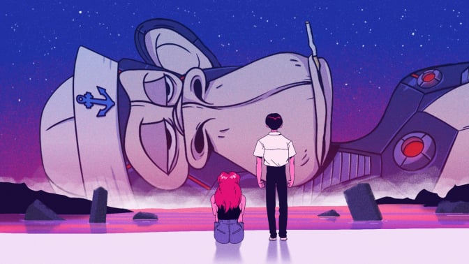 A person standing and another sitting on the ground look at a Bored Ape NFT, resembling a retro crashed spaceship, against a starry night sky with pink-hued ground and rocks.